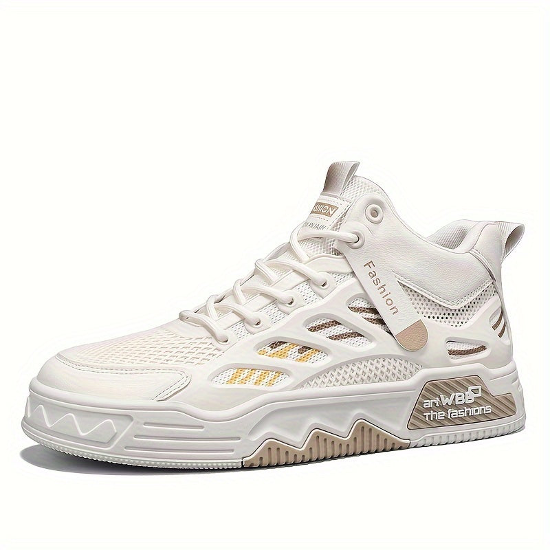 Men's High Top Fashion Sneakers Graphic Print Lace-Up Casual Skateboard Shoes with Round Toe, PU Mesh Upper, Fabric Lining, and Rubber Sole