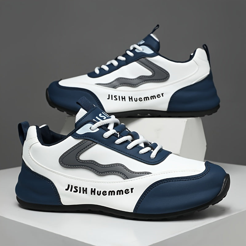 Men's Breathable Color-Block Low-Top Running Shoes - White Navy Blue Contrast Design, Durable PU Upper PVC Sole, All-Season Non-Slip Traction for Gym, Jogging, Casual Wear, Jogging Footwear Sporty Look Fabric Lined In