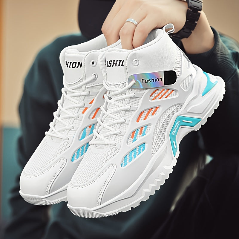 Fashion Mid-Top Sneakers for Men - Casual Street Style Athletic Shoes with Graphic Pattern, Lace-Up Closure, All-Season Round Toe Trainers with PU Upper, Fabric Lining Insole, Anti-Slip PVC Sole