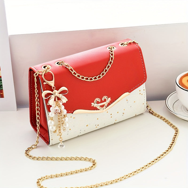 Elegant Women'S Sequin Chain Crossbody Bag - White Shoulder Purse with Golden-Tone Hardware & Decorative Pendant, Perfect for Festivals & Parties, Festival Shoulder Bag | Elegant Chain Strap | Decorative Pendant, Novelty Purs