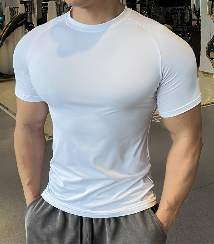 Men'S Slim-Fit Quick-Dry Athletic T-Shirt - Breathable, Stretchy, Solid Color Crew Neck Tee for Gym, Casual Summer Wear, Gym Apparel Trendy Men'S Tee Quickdry Materia