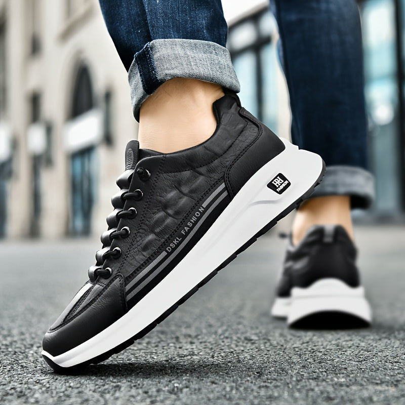Men's Breathable Casual Sneakers - Comfortable, Versatile Stylish Shoes for Running, Sports Casual Attire, Black with White Accents, PU Upper PVC Sole, Round Toe, Lace-Up Design, All-Season Use