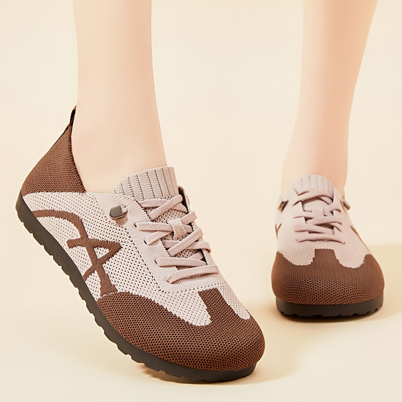 Women's Lightweight Breathable Slip-On Sneakers - Casual Low-Top Shoes with Knit Fabric Upper Durable PVC Sole, Comfortable for Indoor Outdoor Spring Wear, Brown Black, Ladies Sneakers