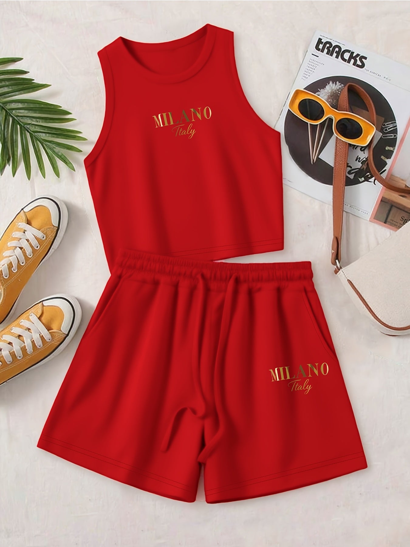 Casual Women’s Two-Piece Suit with Graphic Print Vest & Shorts