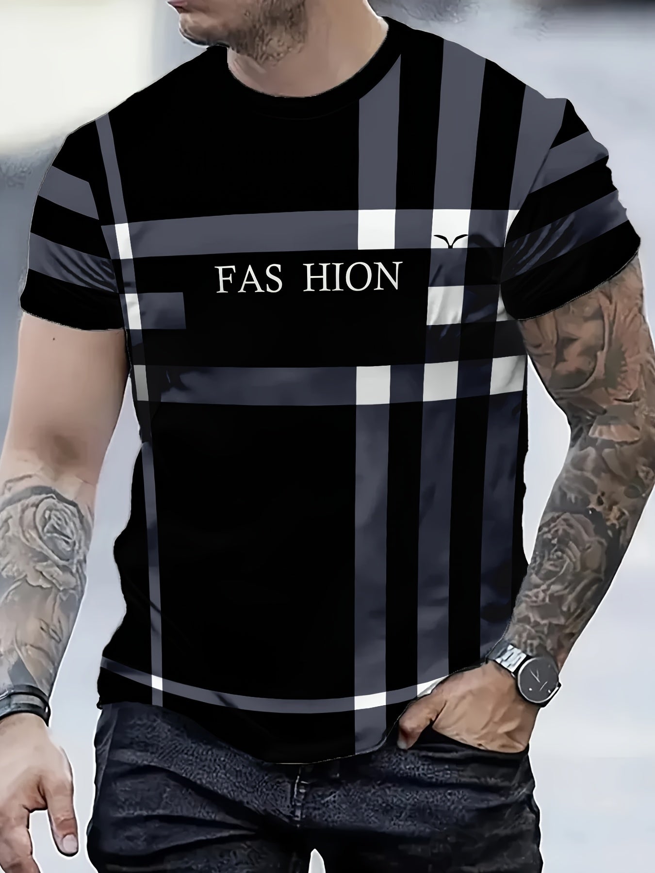 Men'S Casual "FAS HION" Graphic T-Shirt - Black Blue Plaid, Short Sleeve, Round Neck, All-Season Comfort Fit, Casual Attire Plaid Pattern Top Comfortable Fit Shirt