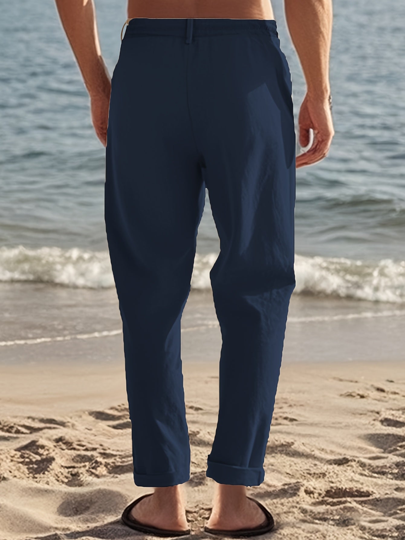 Men'S Casual Linen Drawstring Pants - Comfortable Straight Fit, Lightweight & Breathable for Beach & Outdoor Activities, Beach Casual Wear|Straight Fit Pants|Lightweight Fabric