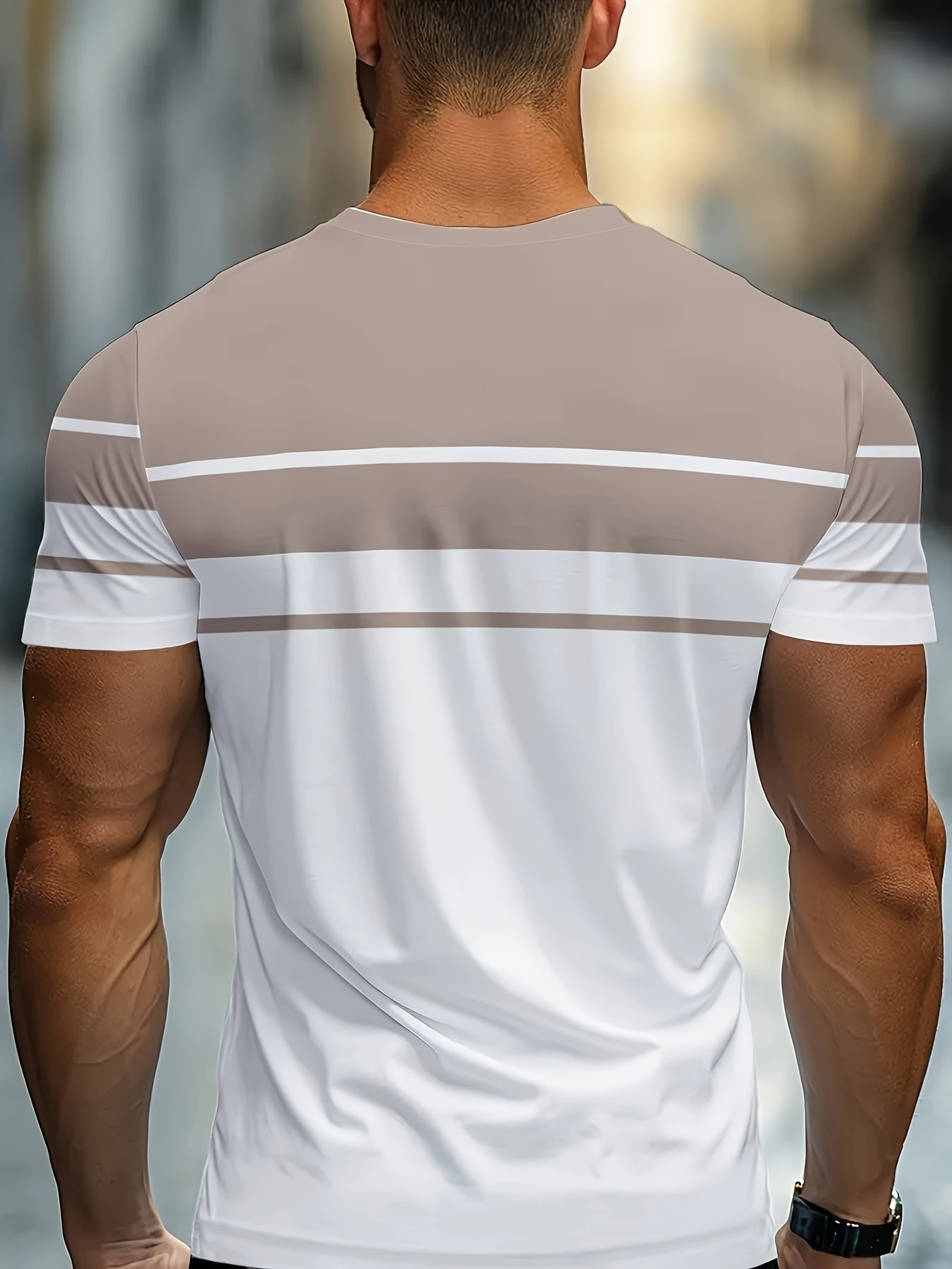 Men's Minimalist Modern T-Shirt - Lightweight Breathable Fabric Crew Neck Tee in White Beige - Everyday Casual Formal Summer Shirt - Machine Washable Everyday Essential, Horizontal Stripe Design, Smooth Texture Fabric