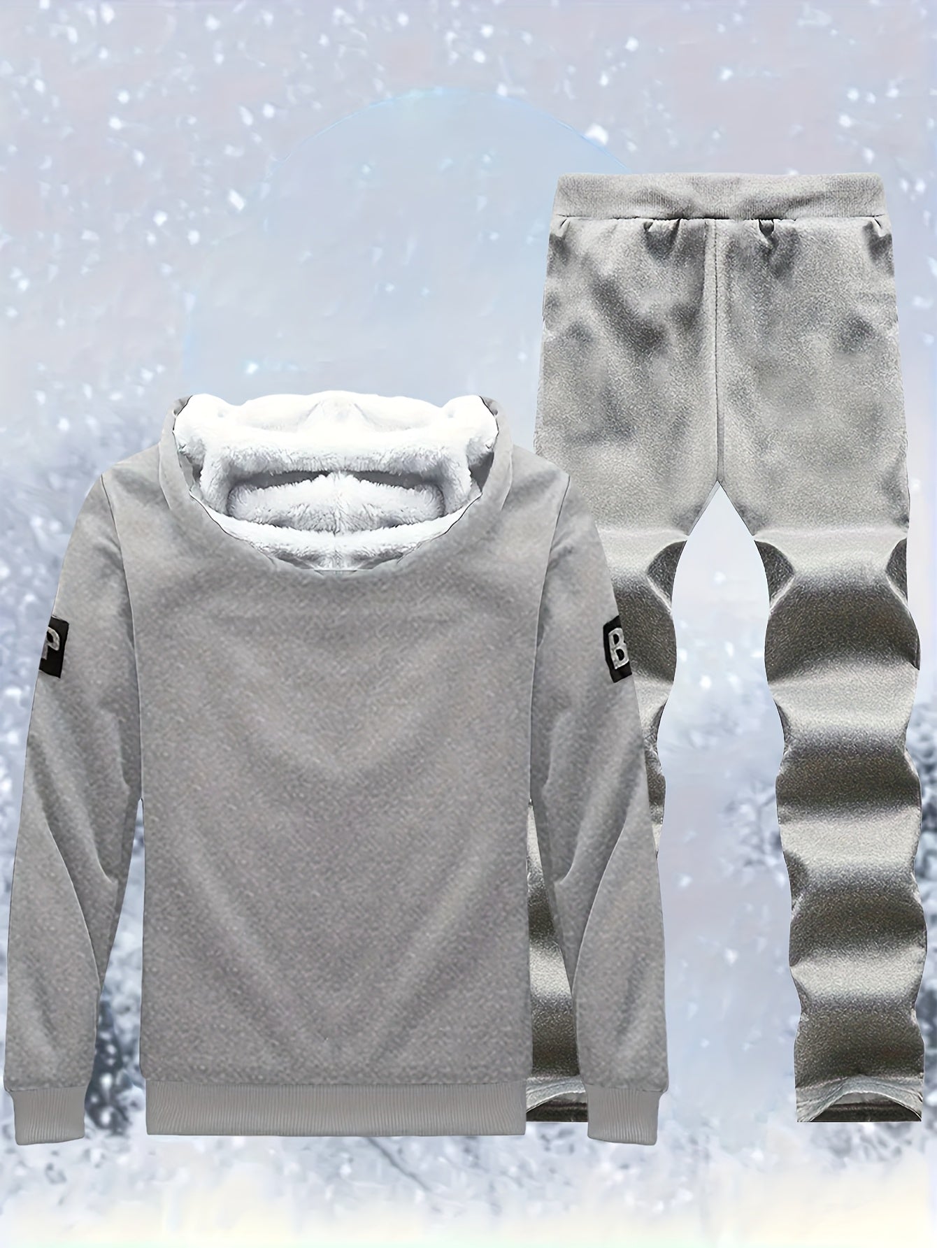 Men's "SHAN YES" Alphabet Print Fuzzy Lining Hooded Sweatshirt And Joggers Set, Warm Athletic Outfit For Running And Outdoor Fitness, Autumn And Winter