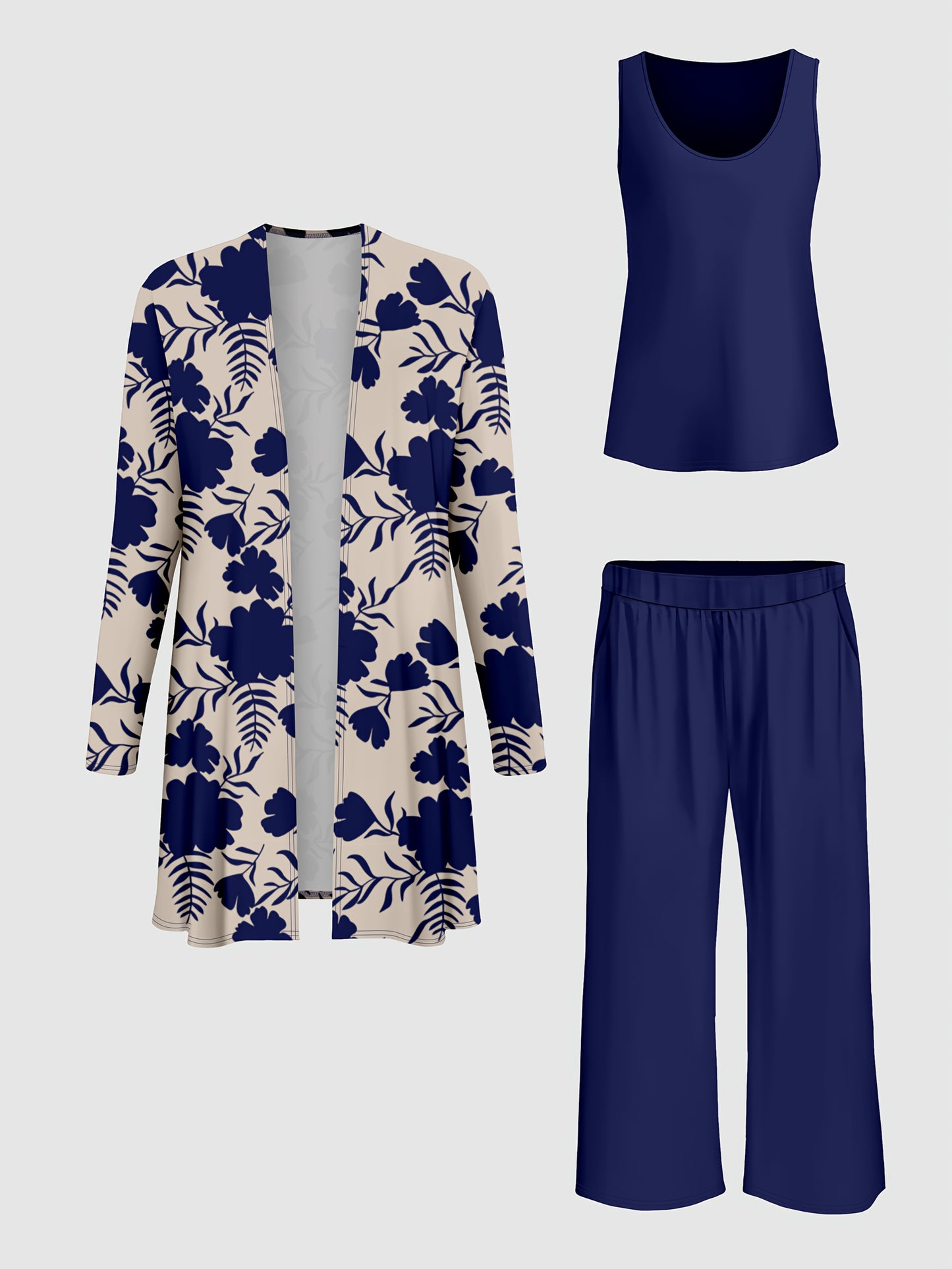 Plus Size, A three-piece set of Women's plus-size elegant floral print top and solid-color vest pants