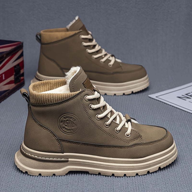 Men's Winter Snow Boots with -Like Collar & Thick Ankle - Upper, PVC Traction Tread, Lace-Up Ankle-High Trekking Boots for Ice, Snow, Hiking, - Warm Outdoor & Casual