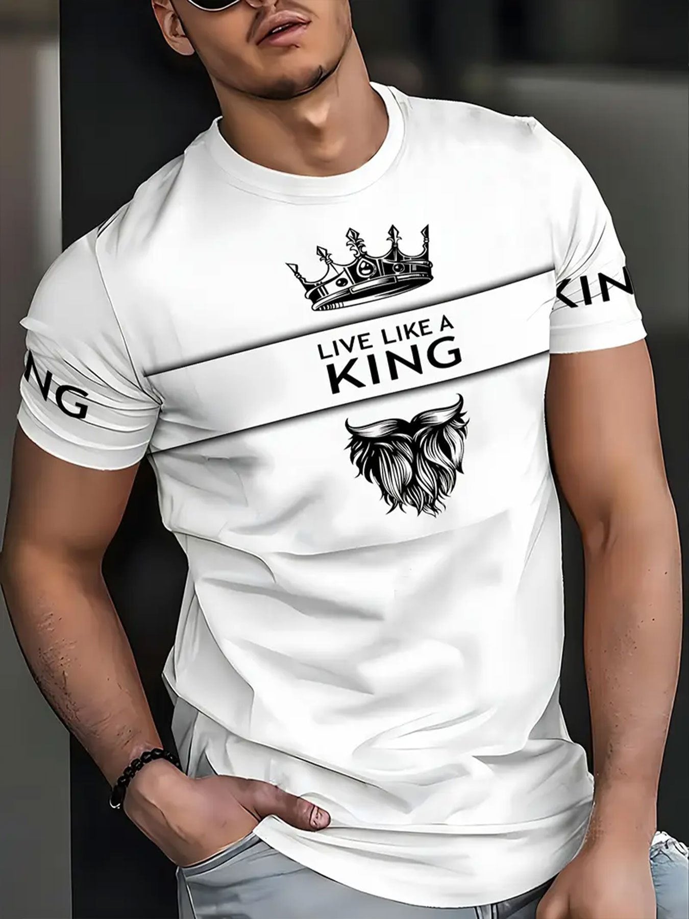 Men'S Casual Short Sleeve T-Shirt - Breathable Summer Tee with Crown Wings Graphic, Regular Fit Round Neck, Lightweight Comfort for Casual Attire, Comfortable Clothing Stylish Casualwear Breathable Fabric