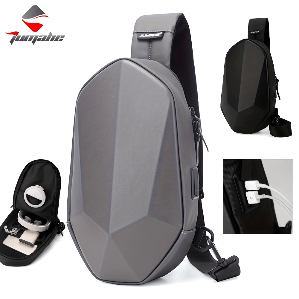 JUMAHE Men's USB Charging Crossbody Bag with Dual Power Ports, Hexagonal Geometric Design Street Style Shoulder Bag - Premium Durable Fabric, Adjustable Strap Zipper Closure for Daily Commute (Black/Grey), Bags for Travel,