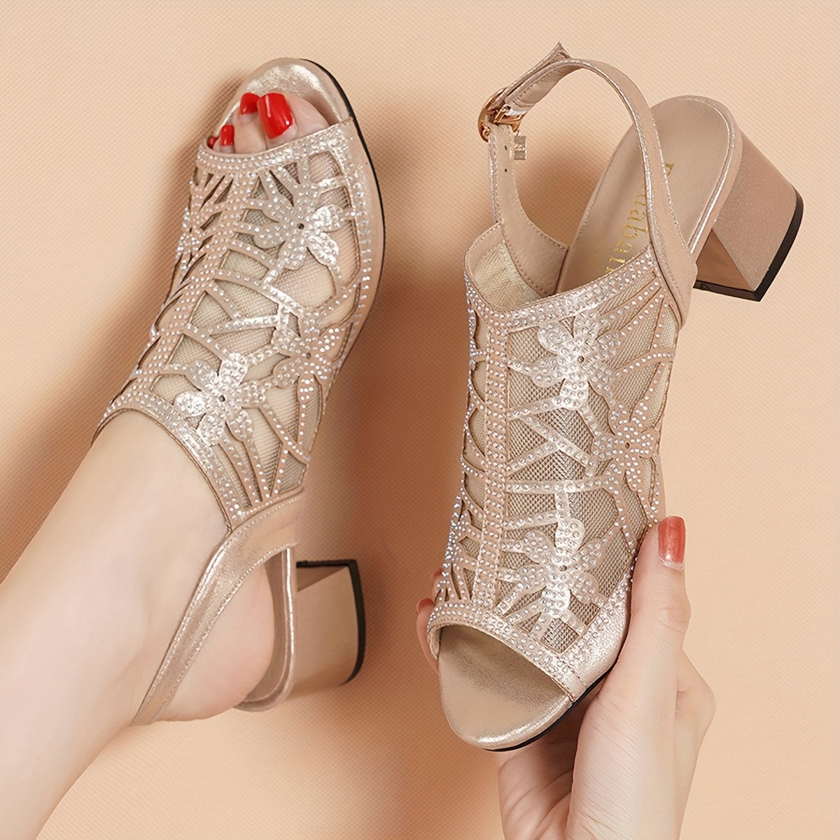 Women's Elegant Rhinestone Peep-Toe Sandals - Black Chunky Heel, Breathable Mesh Upper, Ankle Strap, Summer Fashion Shoes for Parties Events, Event Footwear Secure Buckle Closure