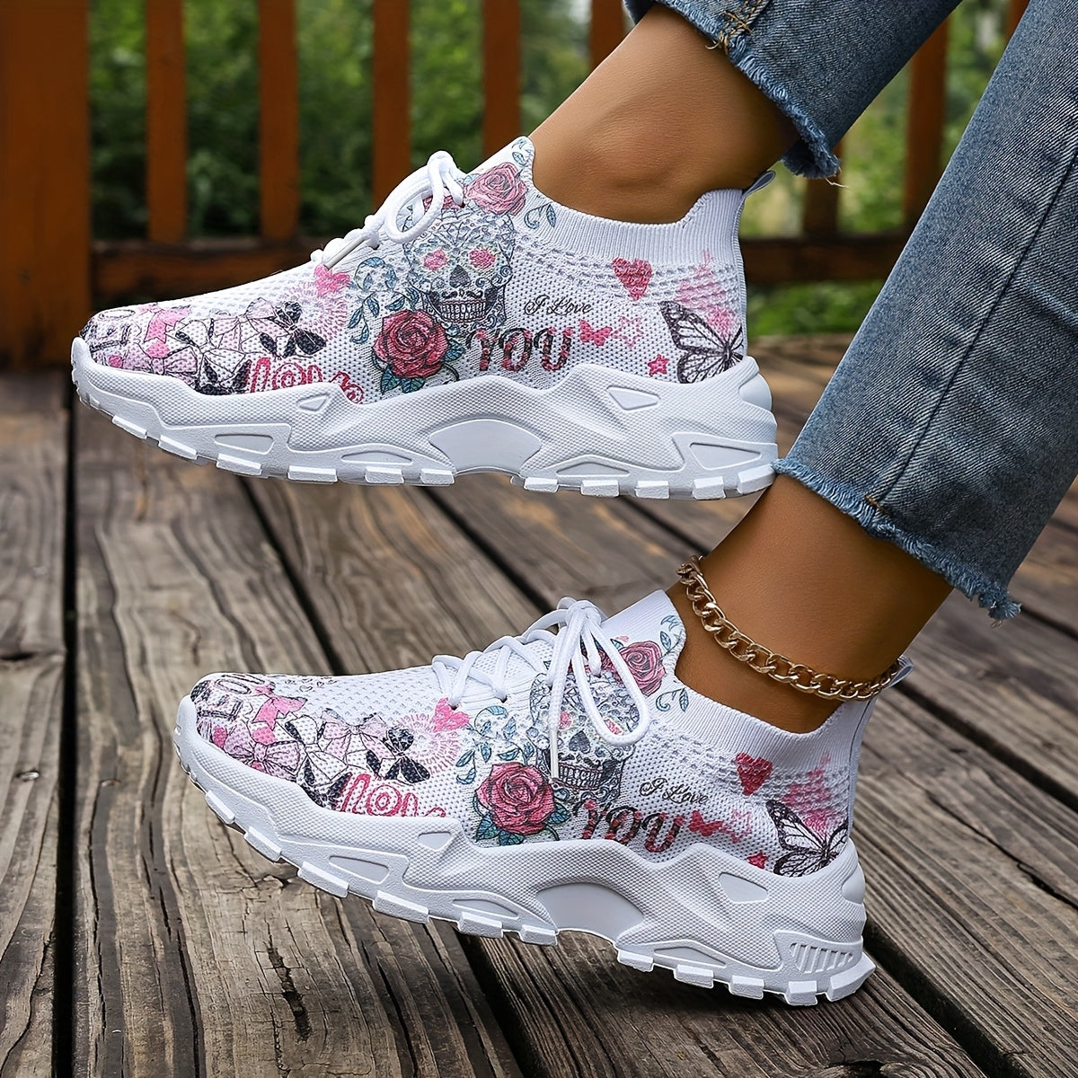 Women's Floral Skull Print Breathable Mesh Sneakers, Lightweight Low-Top Running Shoes with Soft PU Sole, Stylish Pink White Design for Casual Wear, Outdoor Travel Halloween Events, Allseason Footwear Japaneseinspired