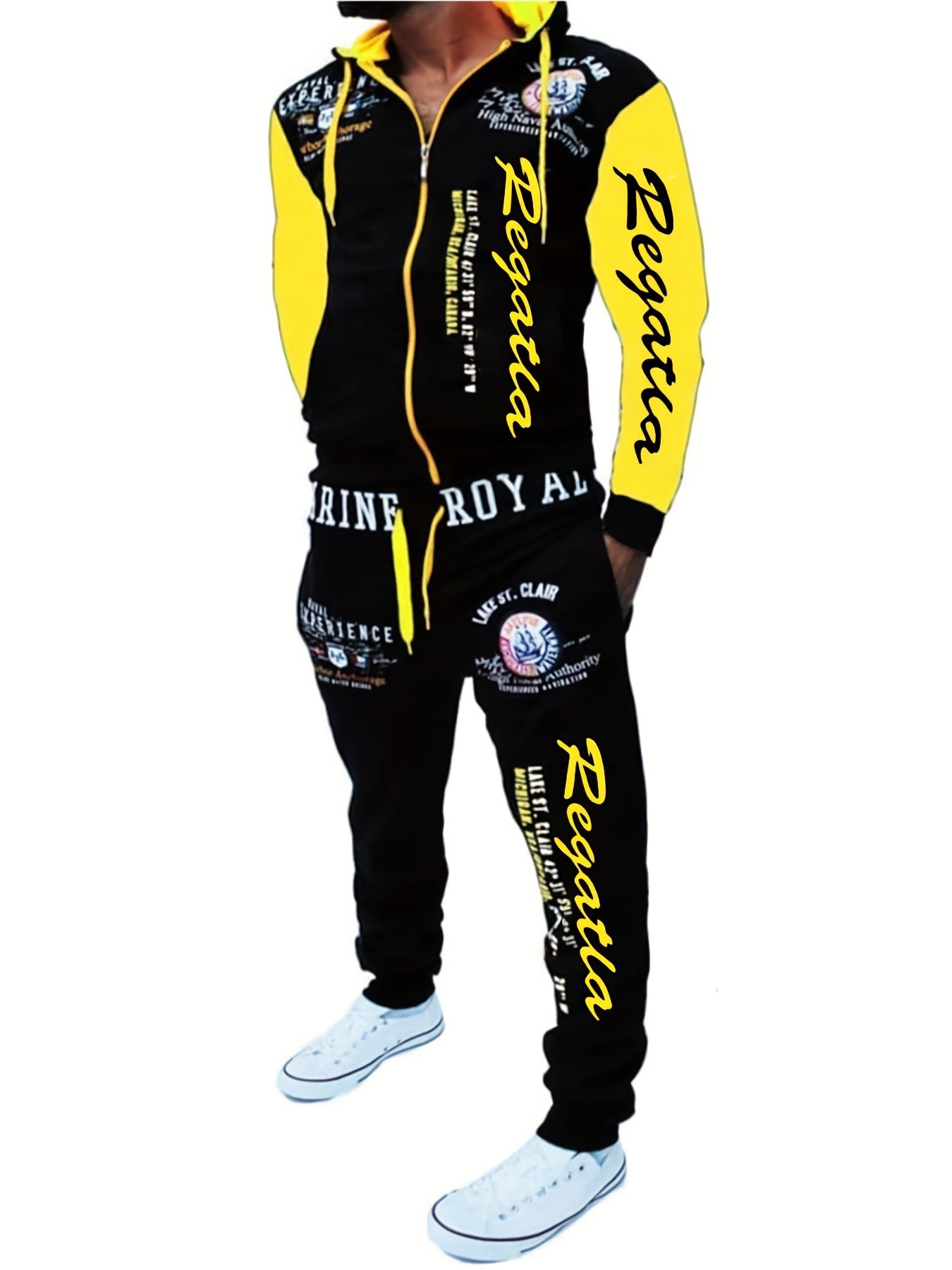Men's Hooded Letter Print Tracksuit, 2pcs Casual Sports Set, Fashion Hoodie With Full-zip And Elastic-waist Pants, Regular Fit, Outdoor Cloth