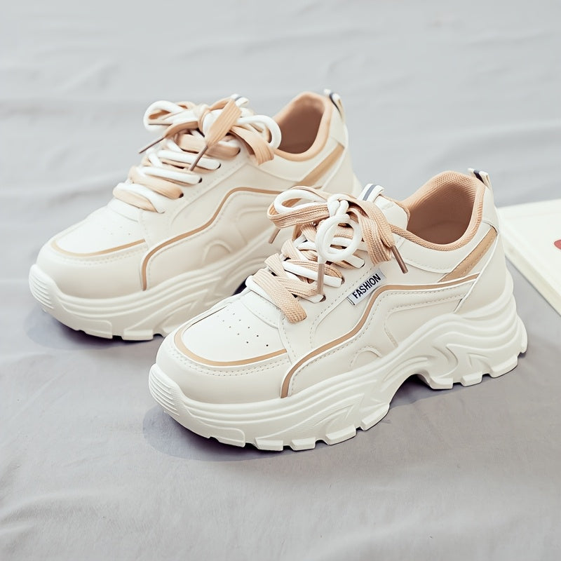 Women's Trendy Chunky Sneakers - Breathable Lace-Up Dad Shoes with Thick PVC Sole, White Beige Two-Tone Design, Versatile Low-Top Style for Casual Attire