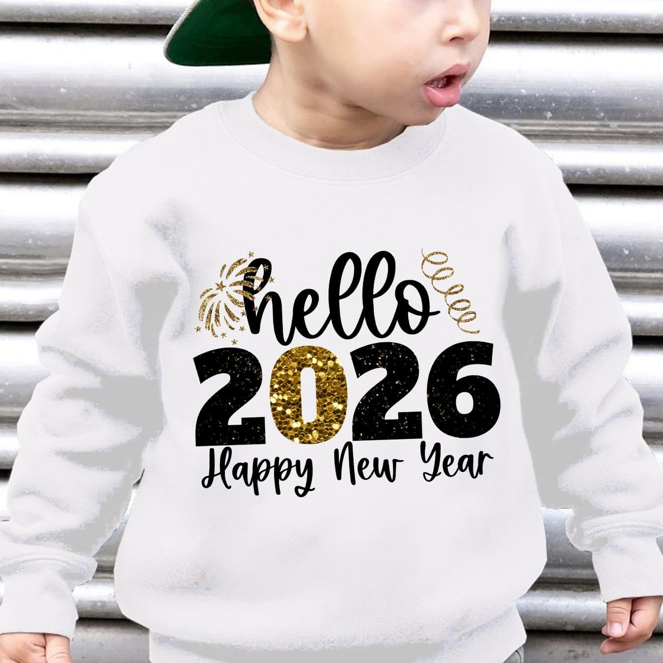 Boys' 2026 New Year'S Eve Party Sweatshirt - Hello 2026 Happy New Year Fireworks Print, Loose Fit Long Sleeve Pullover with Golden Glitter Lettering, Casual Winter Warmth For Boys, New Year Sweatshirt, Festive Clothing, Playf