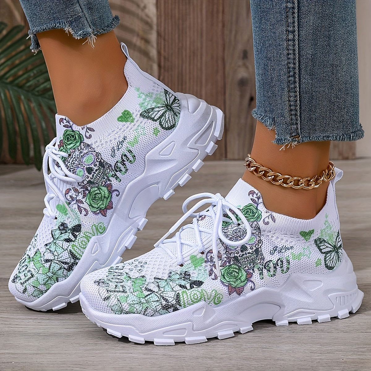 Women's Floral Skull Print Breathable Mesh Sneakers, Lightweight Low-Top Running Shoes with Soft PU Sole, Stylish Pink White Design for Casual Wear, Outdoor Travel Halloween Events, Allseason Footwear Japaneseinspired