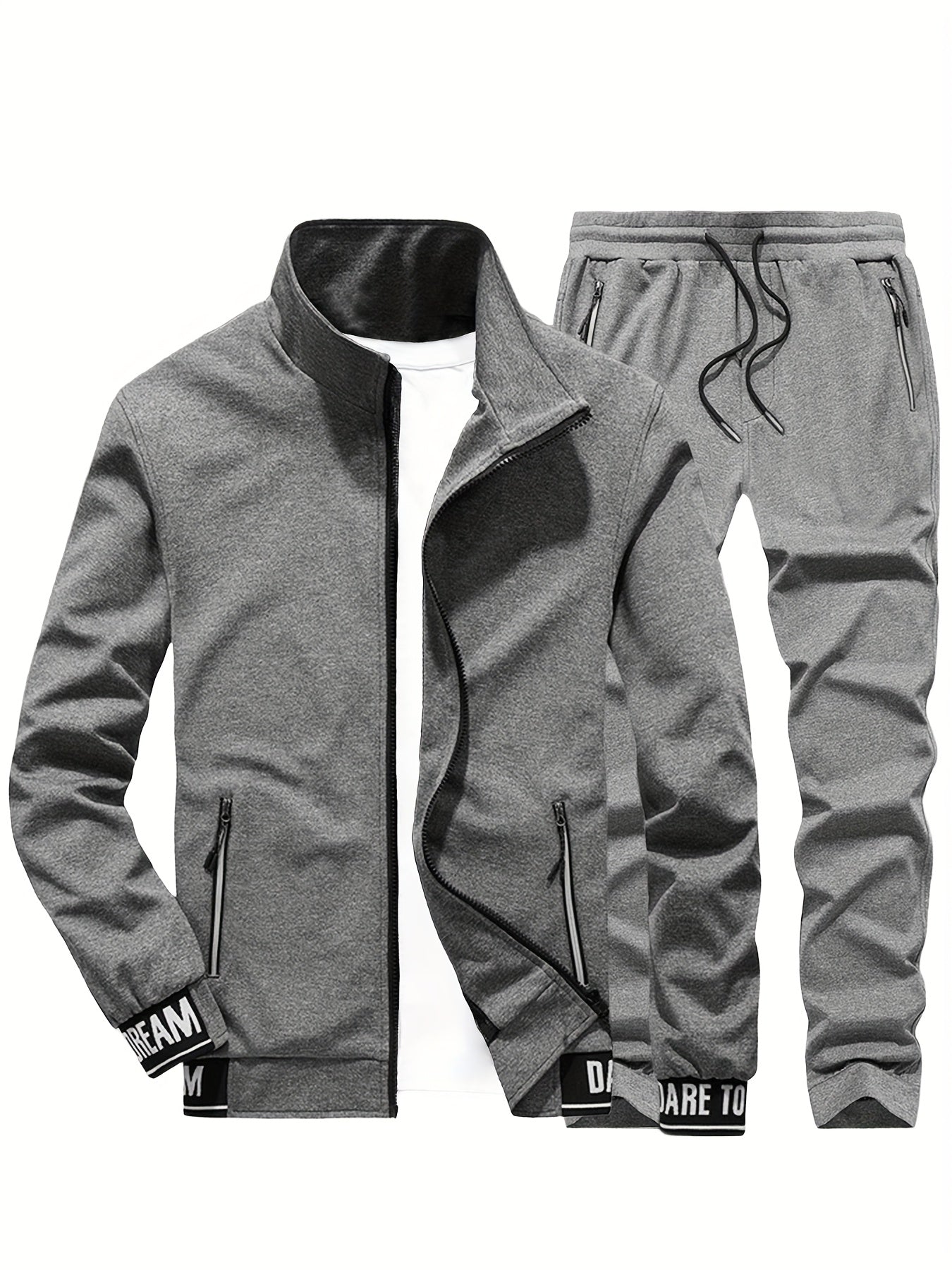 Men'S Casual Sportswear Set - Beige Zip-Up Jacket & Joggers with "DARE TO BE" Print, Long Sleeve, Pockets, and Drawstring Waist, Perfect for Running and Leisure Activities, Spring/Fall Collection, Spring Fall Attire | Zipup J