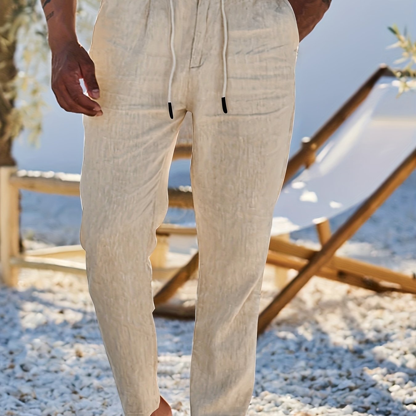 Men'S Casual Linen Drawstring Pants - Comfortable Straight Fit, Lightweight & Breathable for Beach & Outdoor Activities, Beach Casual Wear|Straight Fit Pants|Lightweight Fabric