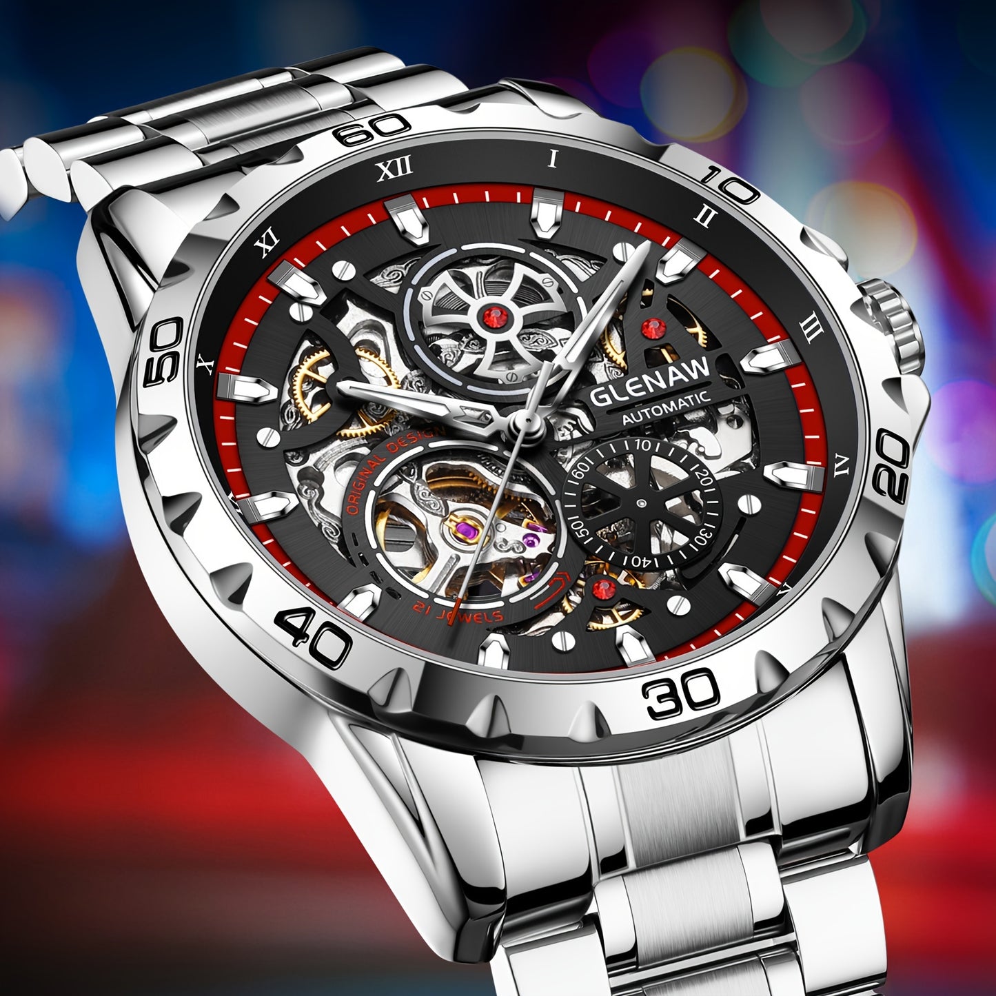 GLENAW Men's Automatic Skeleton Watch - Self-Winding Mechanical Watch with Flywheel Rotation, Transparent dial, Date Display, Stainless Steel Band - No Battery Needed, Wristwatch for Everyday & Formal Events - Ideal Gift for