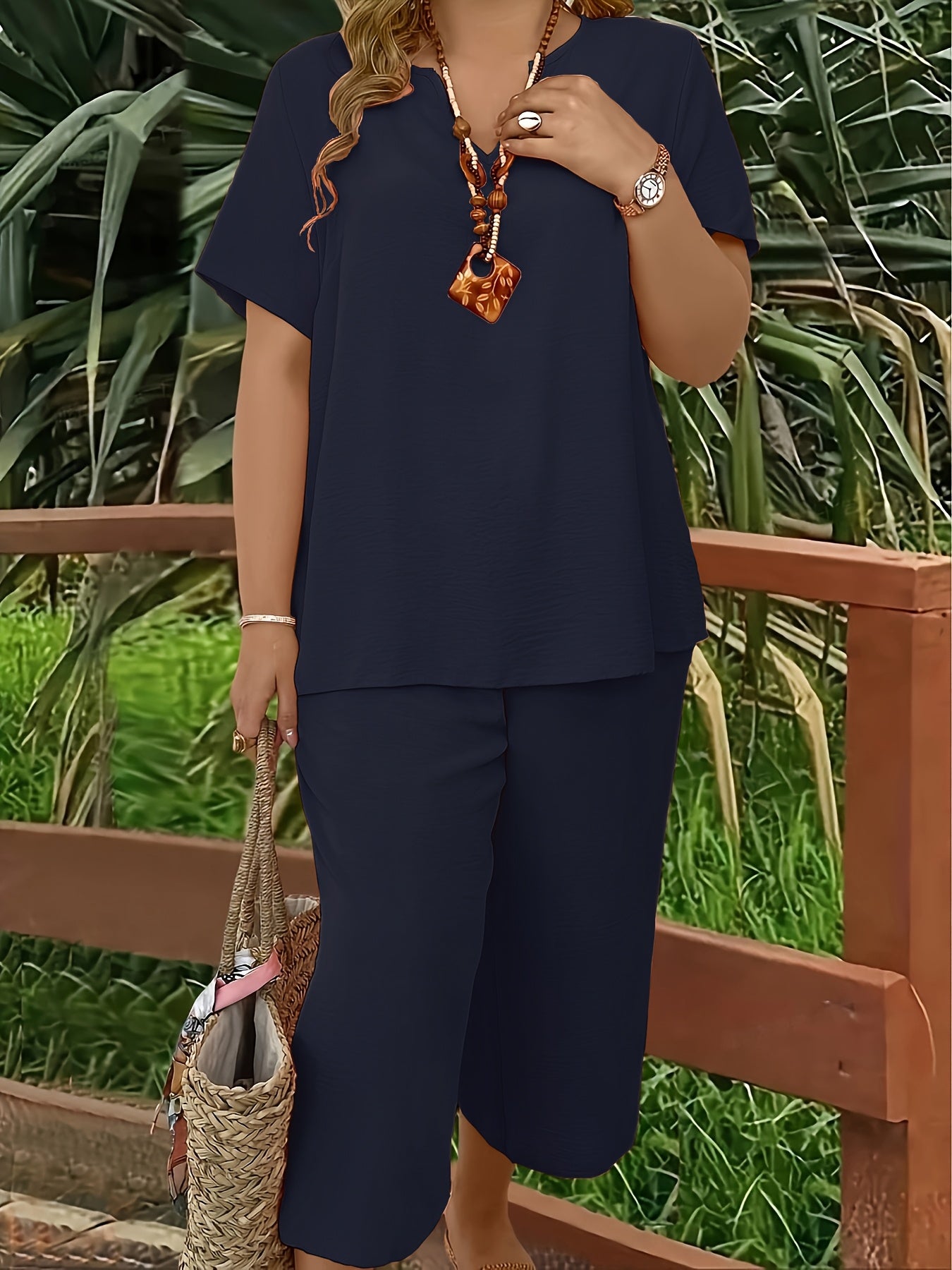 Women's Plus Size Suit, Elegant Solid Color Short Sleeve Top and Wide Leg Pants