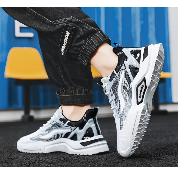Men's Sneakers - Lightweight Cushioned Platform Sneakers with Lace-Up Closure, Non-Slip PVC Sole - Breathable Gym, Running, Casual Shoes in Grey/Black colorway - for Everyday Light Hiking, Gym Shoes