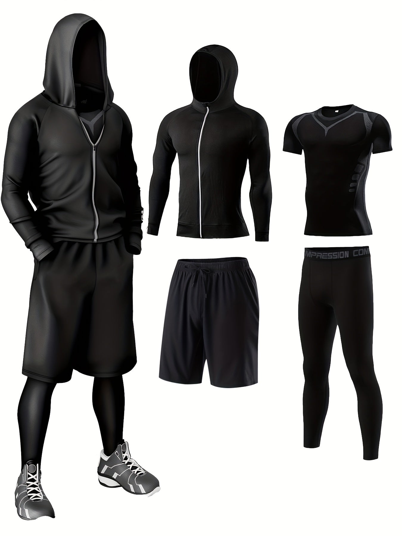 4pcs Athletic Sportswear Set, Polyester 95% Elastane 5% Knit Fabric, All-Season Crew Neck Hoodie, Skinny Fit Solid Color, Breathable Quick-Dry for Running, Fitness, Cycling & Outdoor Activities