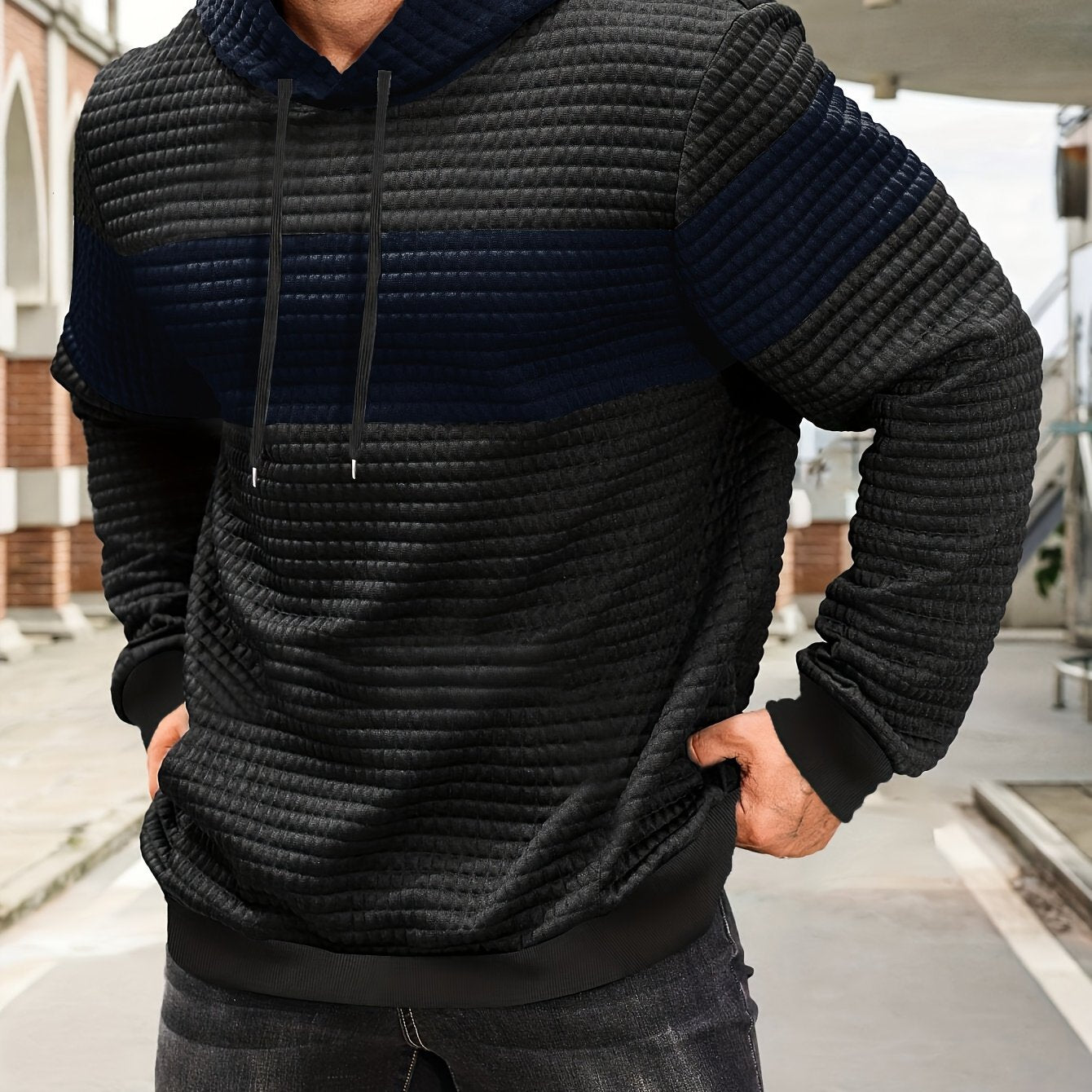 Fashion Hooded Sweatshirt | Casual Men'S Pullover with Slight Stretch Fabric, Long Sleeve, Pocket Details, Solid Color Pattern for Spring/Fall