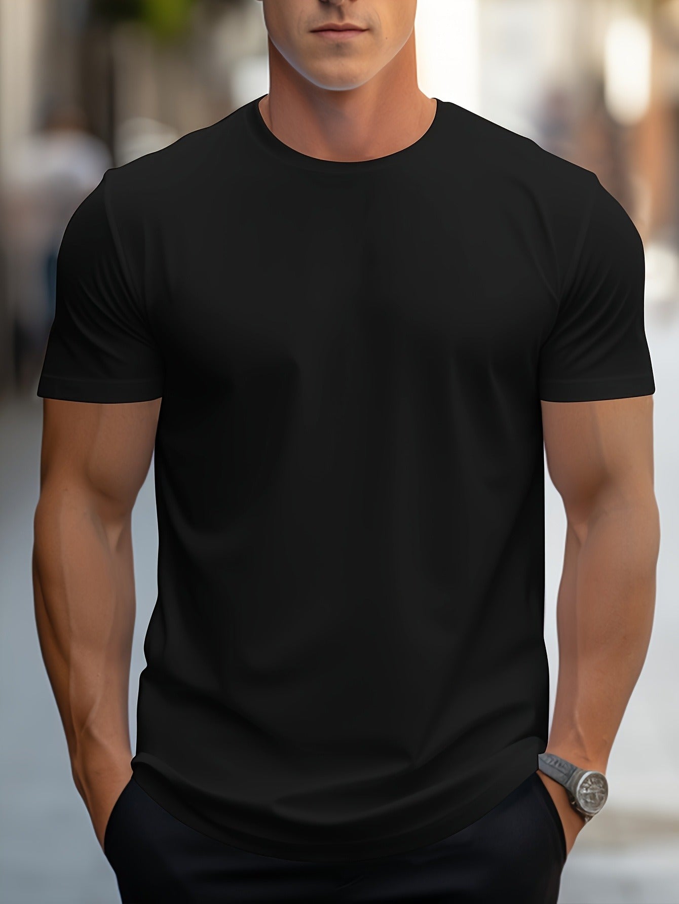 1pc Men's Spring Summer Casual Short Sleeve T-Shirt - Solid Black, Regular Fit Round Neck, Breathable Fabric for Gym, Outdoor Casual Attire, Gym Shirts, Durable Casualwear, Smooth Texture