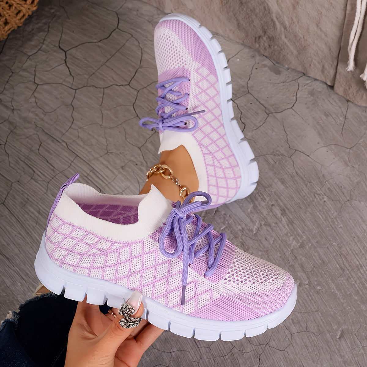 Women's Breathable Knit Sneakers - Lightweight, Lace-Up Casual Shoes with EVA Sole, Available in Brown, Purple, Orange, and Yellow Gradient - Stylish All-Season Footwear, Ladies Sneakers
