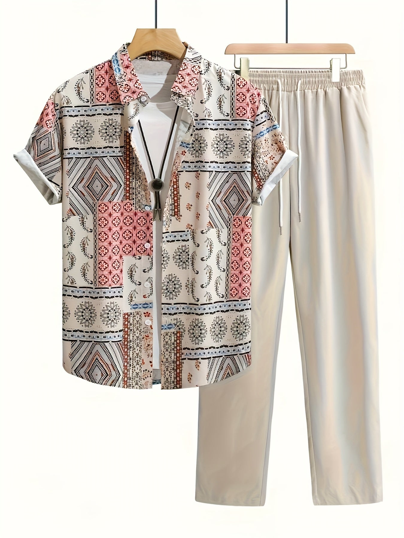 2pcs Summer Men'S Print Shirt and Pants Set Vacation 2pcs Suit, Perfect for Outdoor