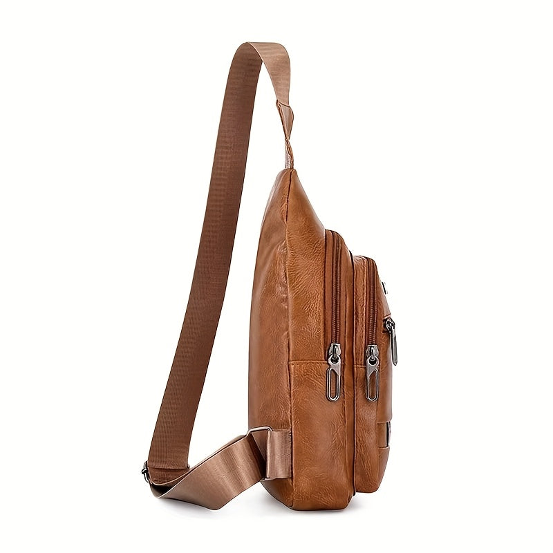 Men'S Vintage Faux Leather Chest Bag - Crossbody Sling Style, Multi-Layer Zippered Front, Brown with Red White Stripes, Perfect for Casual Outings, Crossbody Bag, Secure Zipper Closure