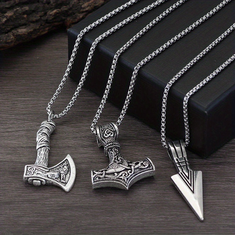 3 Pieces Of Men's Viking Necklace - Viking Hammer Nordic Compass Celtic Knot Wolf Axe Pendant Nordic Amulet Pendant Necklace Holiday Jewelry Gift