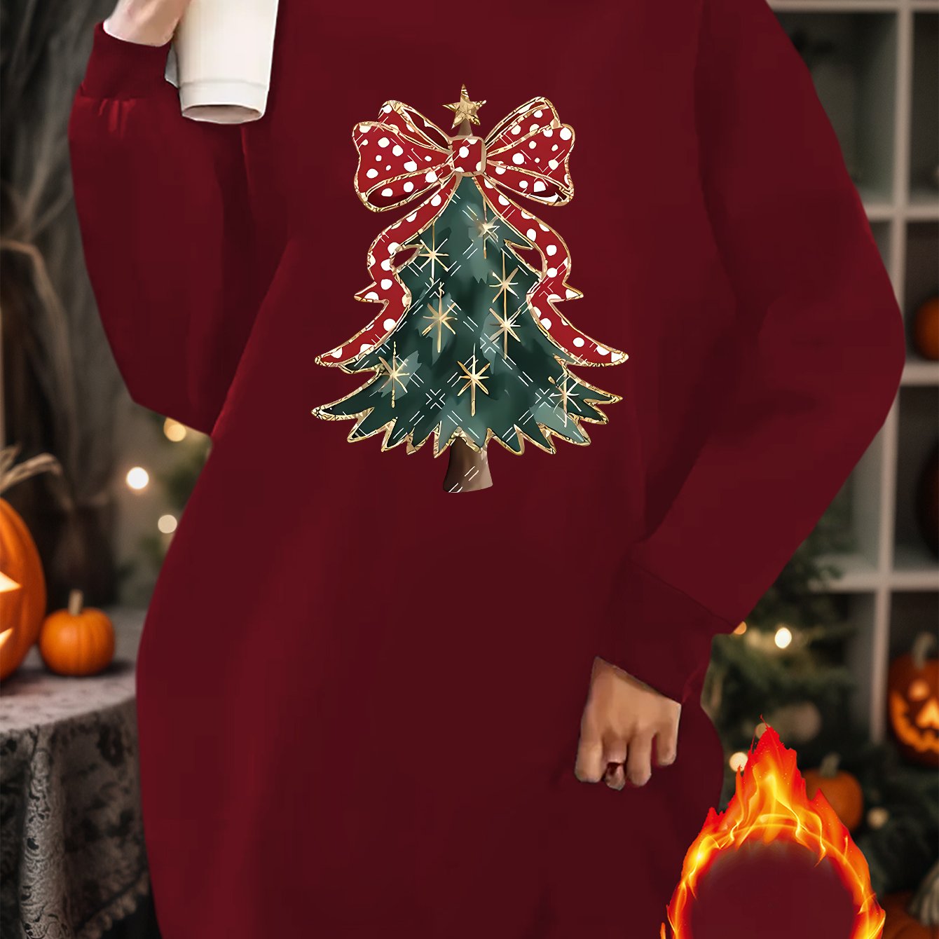 1pc Women's Y2K Elegant Christmas Tree & Bow Print Sweater Dress - Short Sleeve Round Neck A-Line Pullover, Golden/Green/Red Holiday Party Outfit, All-Season Casual Sweater Dress for Xmas & New Year's (Machine Washable)