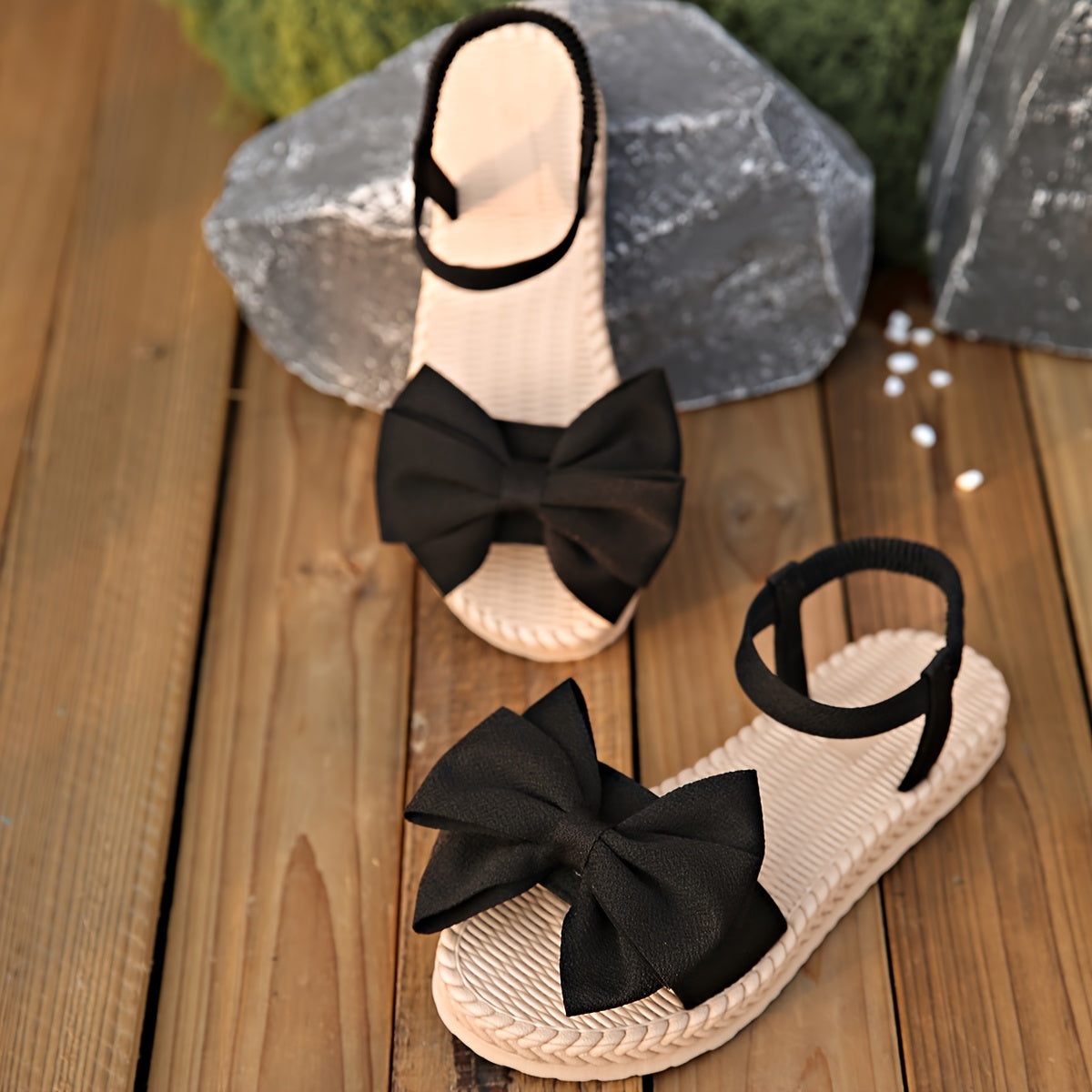 Elegant Women's Mary Jane Flat Sandals with Black Bow Detail - Lightweight Soft Microfiber Slip-On Open-Toe Beach Shoes, Comfortable EVA Sole for Casual Formal Wear, All-Season Versatile Design, Summer Footwear, Bowadorned
