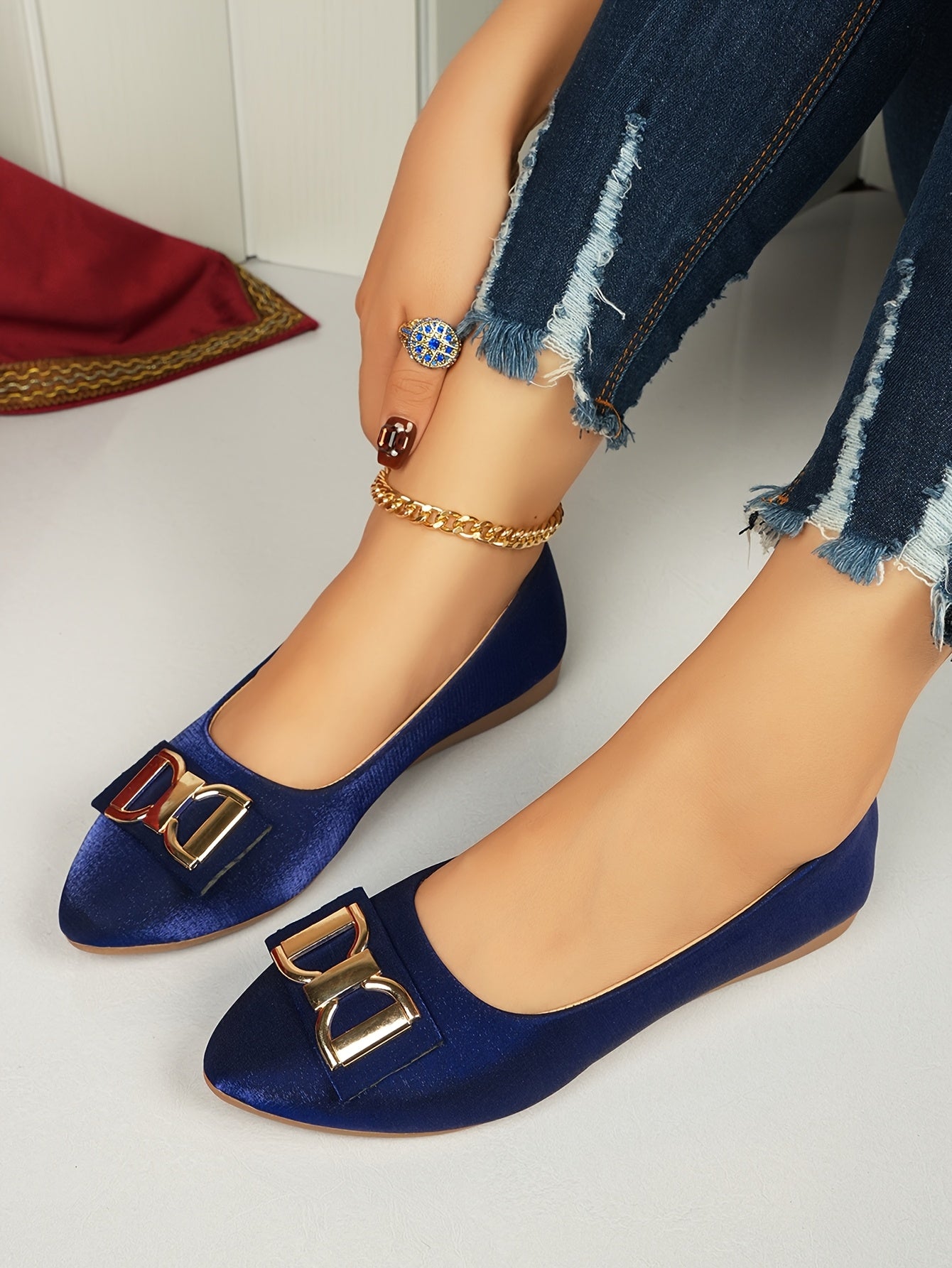 Women's Elegant Red Slip-On Flats with Golden Double Buckle Design - Comfortable Faux Cover Shoes for All Seasons, Pointed Toe Rubber Sole, Perfect for Casual or Dressy Occasions, Dressy Flats Buckle Embellished Shoes Lux