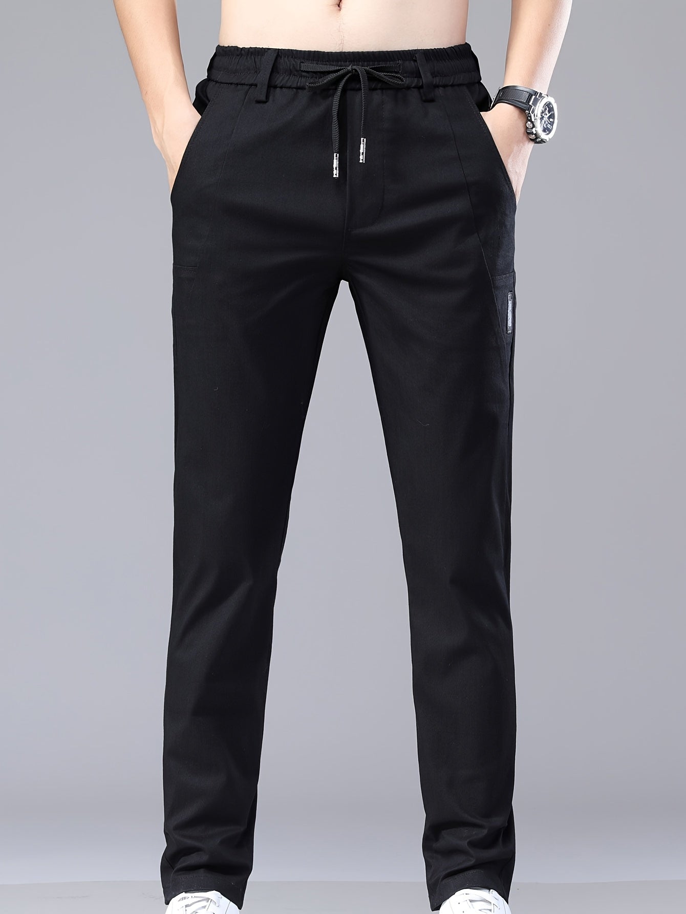 Men's Lightweight Cotton Stretch Business Pants, Slim Straight Fit