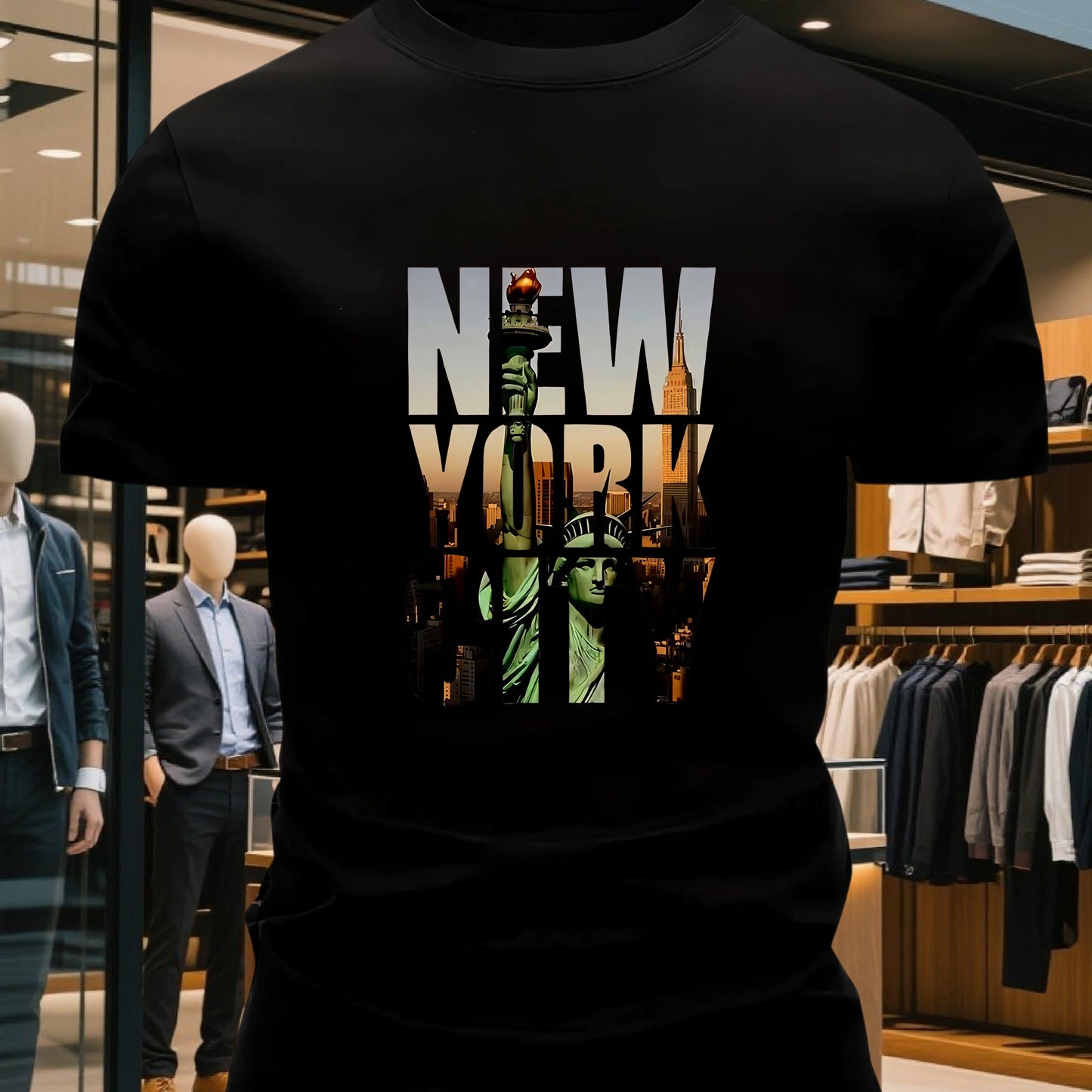 Men's 100% Cotton Crew Neck Short Sleeve T-Shirt with New York City Graphic Print - Navy Blue Casual Comfort Fit Tee, Machine Washable Everyday Essential, Allseason Apparel, Comfortable Outfit, Urban Style, Breathable Materia