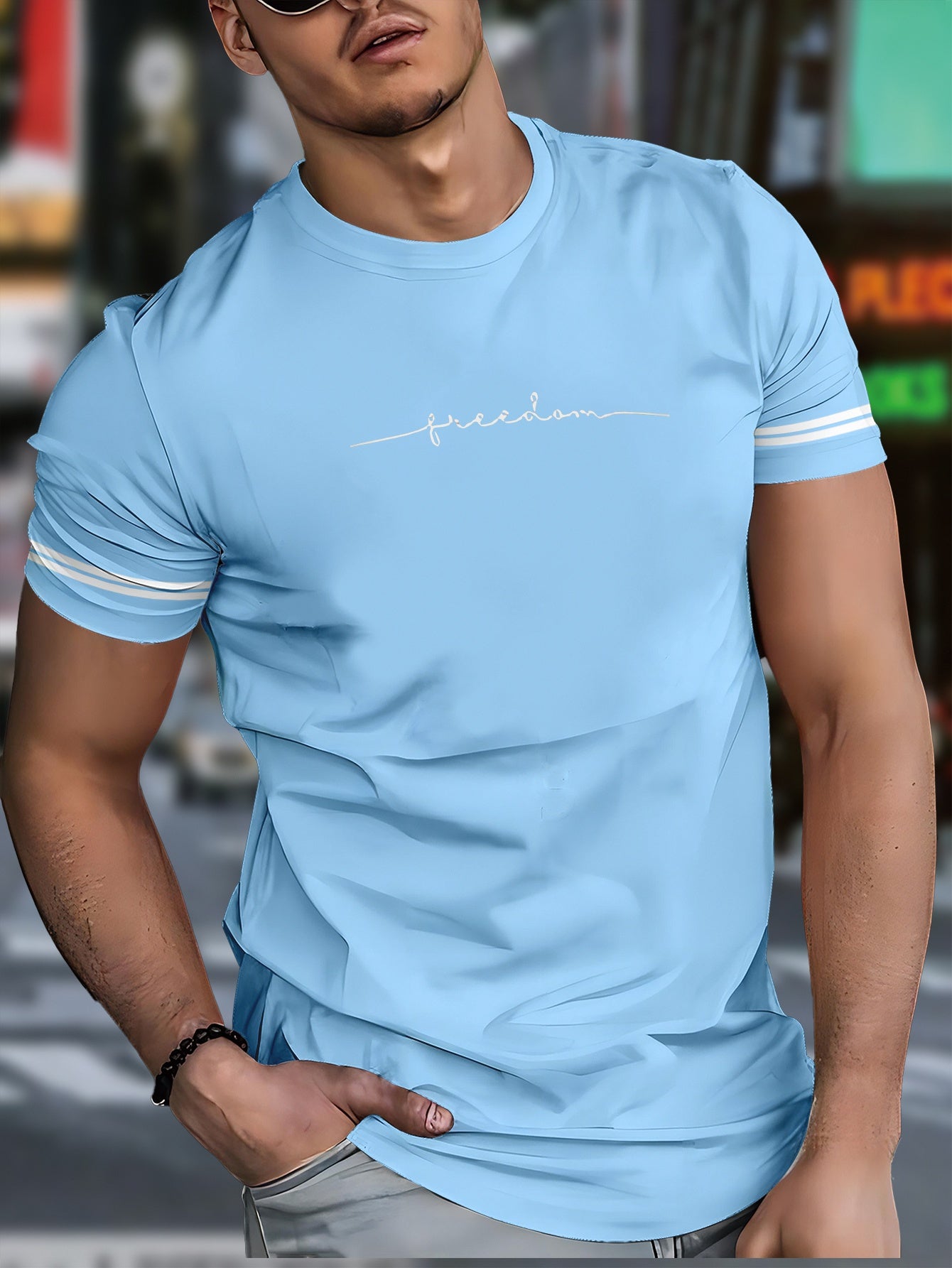 Men'S "Freedom" Graphic T-Shirt - Black Casual Crew Neck Tee with White Stripes, Breathable Polyester Blend, Regular Fit for Casual Attire, Everyday Tshirt Bold Print Tee Comfortable Fit, Knit