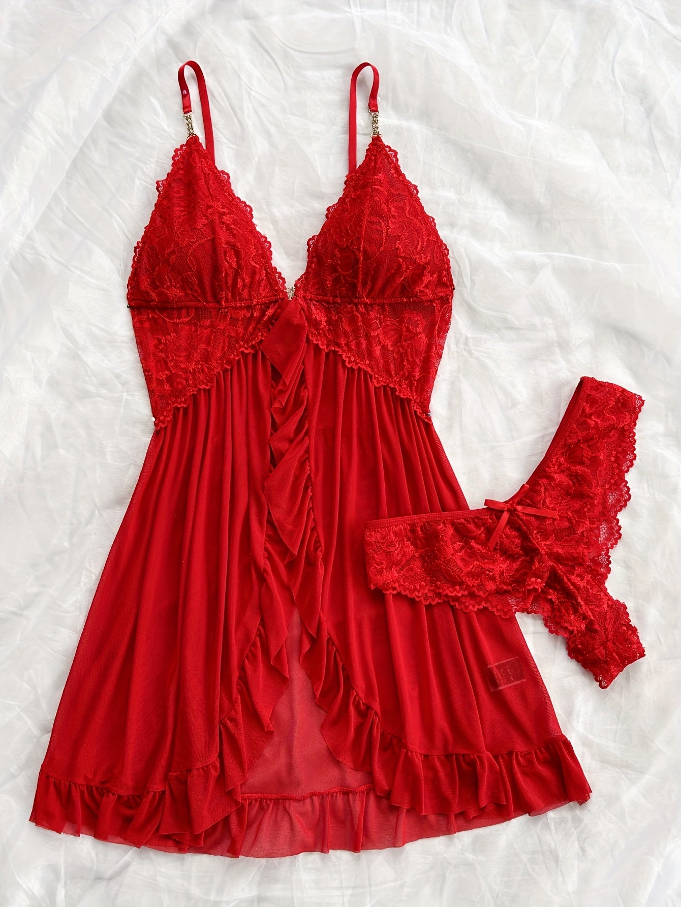 Sexy and Romantic Sleepwear Set, Solid Color Lace Camisole with Matching Panties, V-Neck Design Accentuating Elegant Neckline, Delicate Lace Pattern for Softness. Flared Hem and Ruffled Front Add Graceful Charm, Perfect for a