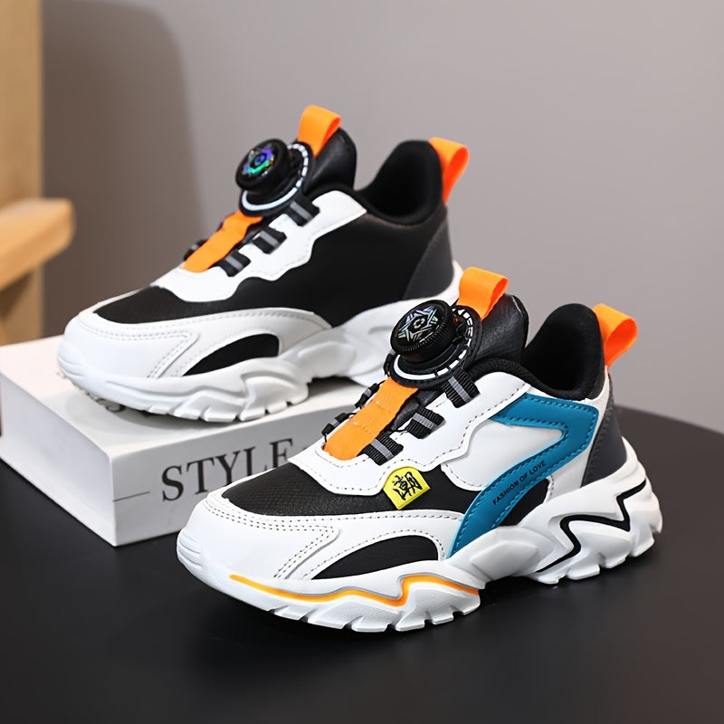 Boys' Fashion Sneakers with Striped Design - Casual Sports Running Shoes with Rotary Buckle Closure, Low Top PU Upper, Fabric Lining, EVA Sole, All-Season Comfort for Daily Wear - Tassel Detail, Round Toe for Ages 14 and Unde