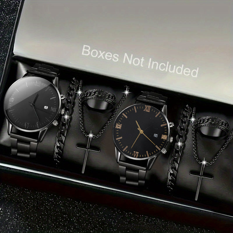 8pcs/set Men'S Black Minimalist Quartz Watch Set with Bracelet, Necklace, And Ring – Elegant Timepiece Gift Box for Casual And Formal Use, Box not included