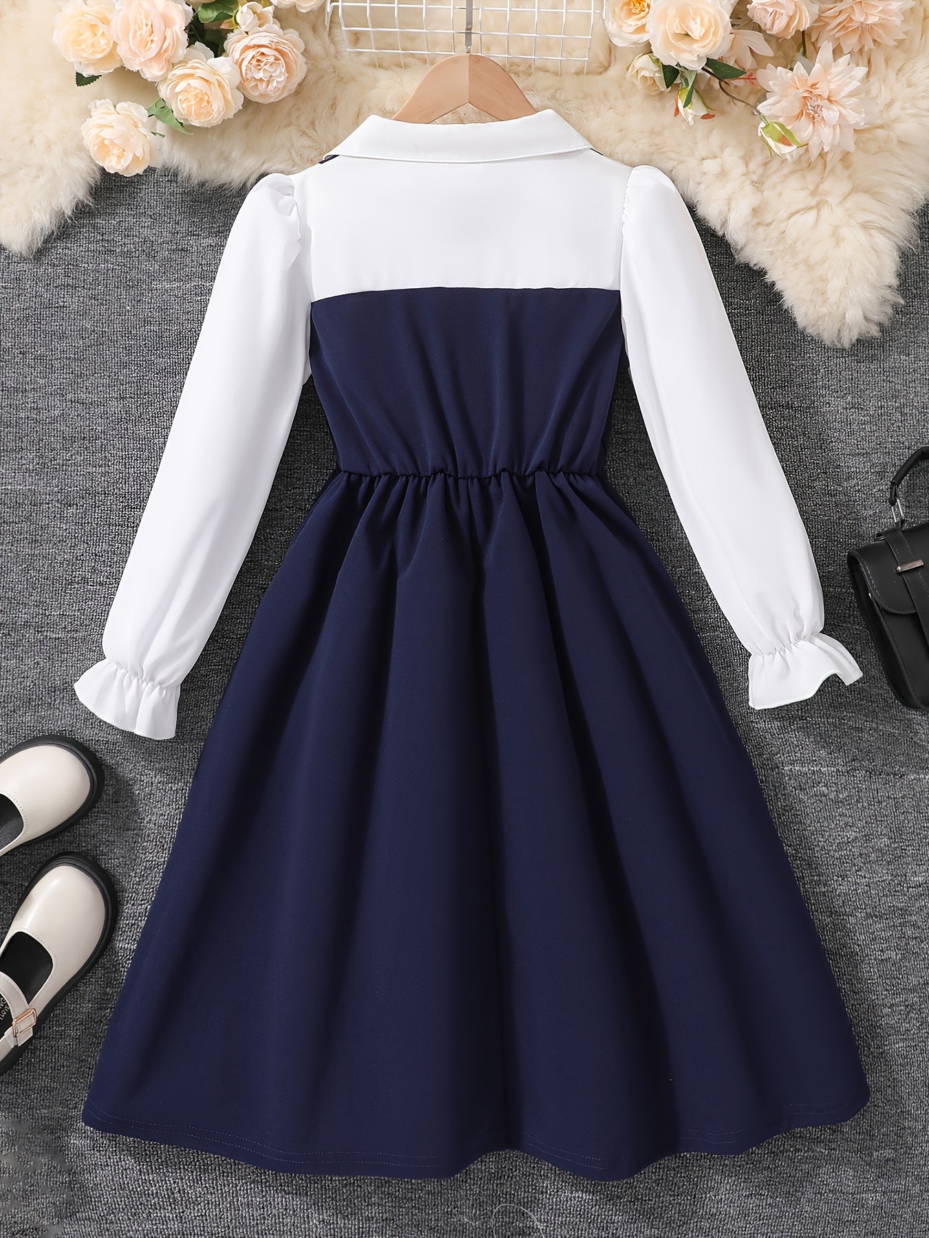 Girls' Preppy Color Block Dress with Lapel Collar & Pleated Skirt