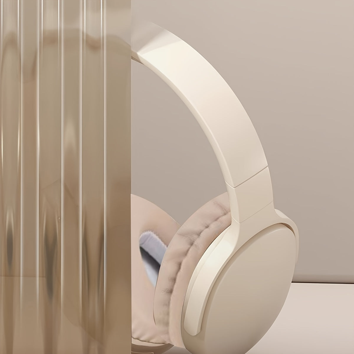 Beige Wireless Headphones, High Fidelity Stereo Sound, Foldable Design, Suitable for Travel and Sports, Compatible with Mobile Phones, Button Volume Control, USB Type-C Charging, Rechargeable Lithium Polymer Battery, Non-Wate