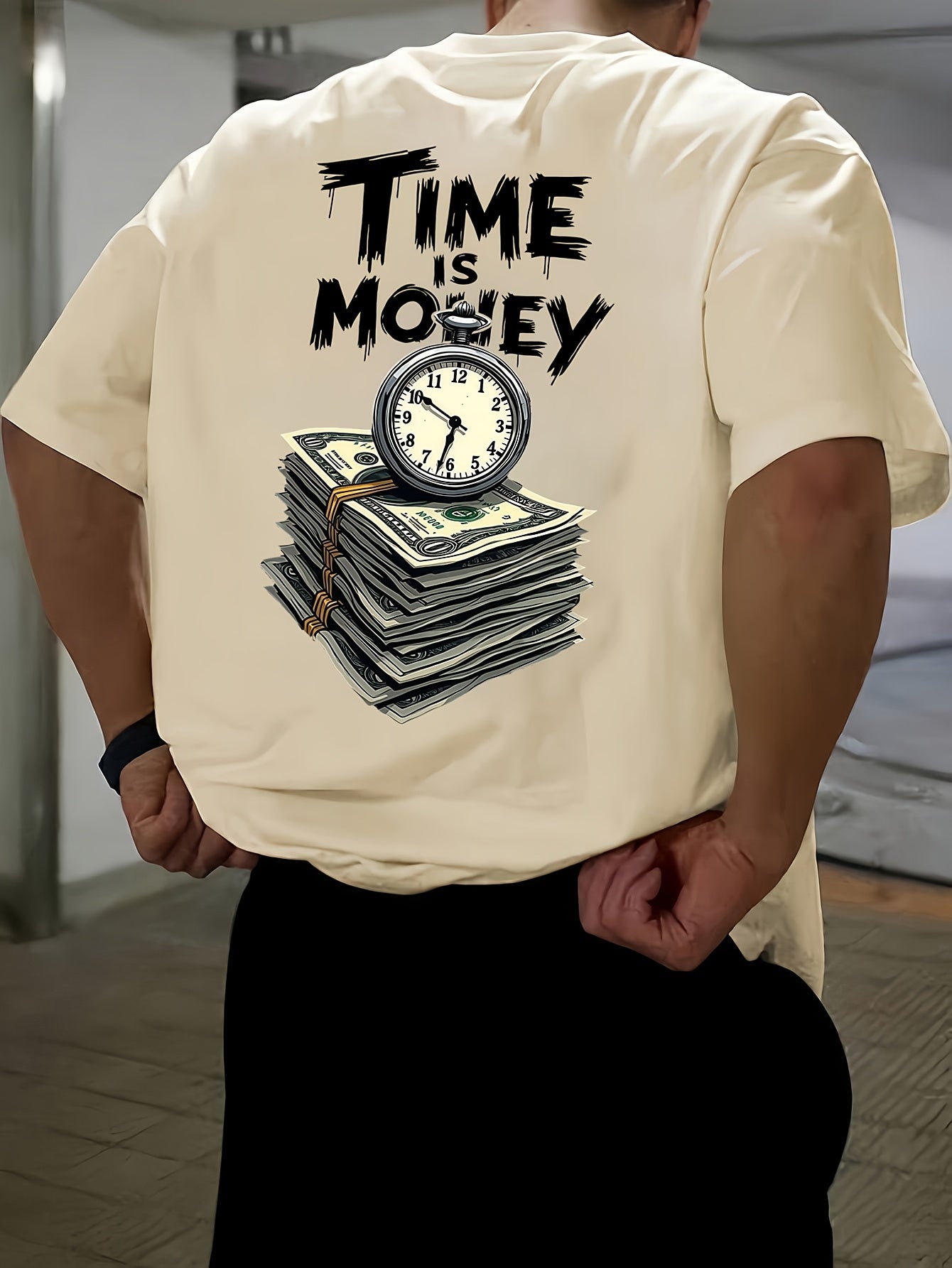 Men'S Casual Short Sleeve T-Shirt with "Time is Money" Clock Stack of Cash Graphic - Lightweight Polyester, Loose Fit, Round Neck, Perfect for Spring Summer Outdoor Wear, Relaxed Fit Shirt Bold Graphic Tee Glossy Text