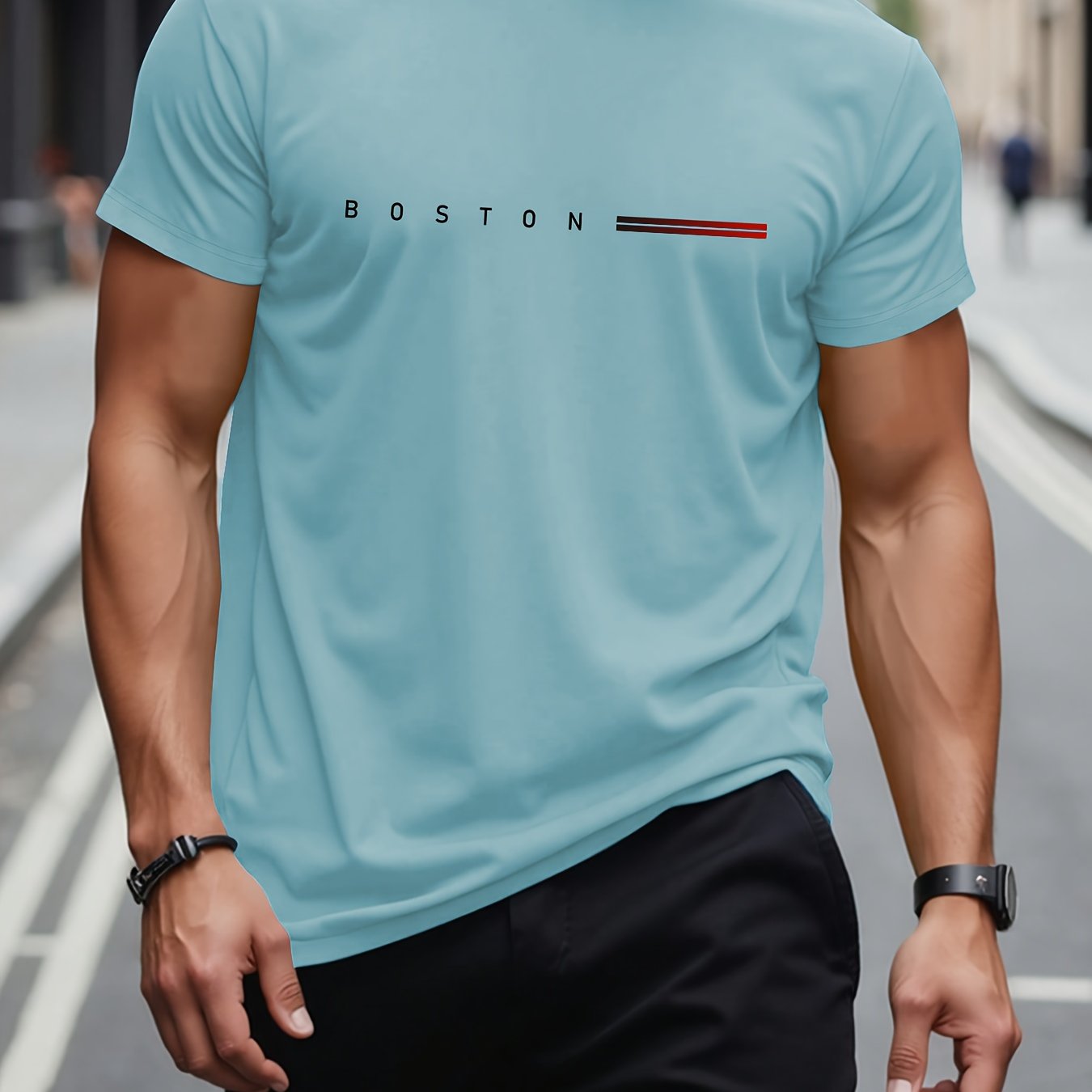 Men's Heavyweight 180gsm Cotton T-Shirt - Dark Gray Crew Neck Tee with Bold "Boston" Print, All-Season Everyday Formal Shirt for Men - Machine Washable Luxury Casual Top, Versatile Clothing, Modern Design, Premium Fabric, S