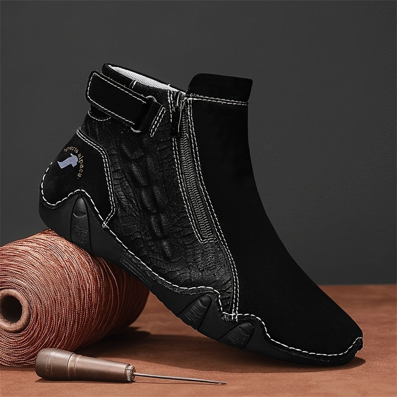 Men'S High-top Casual Shoes With Anti-slip, Comfortable, Outdoor, Fashionable, Plus Size, Business, Hand-stitched, Zipper, Cro, Lace-up.