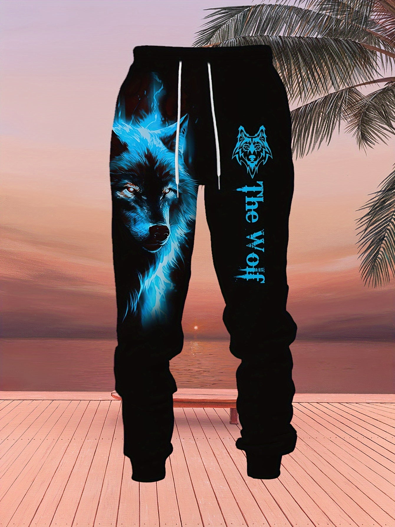 Men'S Wolf Print Hooded Sweatshirt and Joggers Set, Casual Polyester Knit Fabric, Slight Stretch, Regular Fit, Comfortable Long Sleeve Pullover for Spring/Fall, Weekend Casual Wear