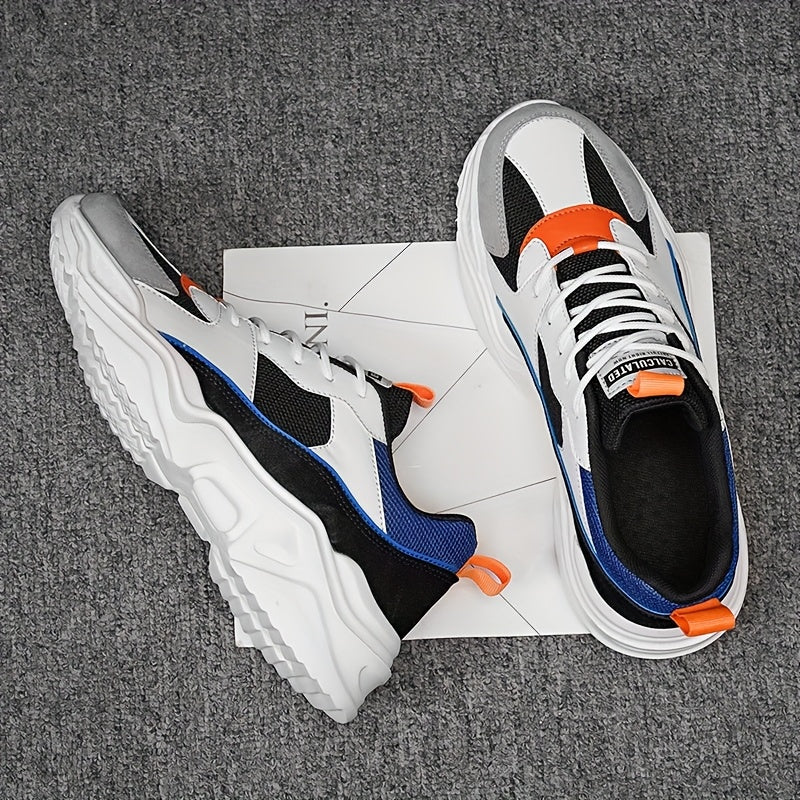 Men'S Athletic Sneakers, Thick Sole Lace-Up Dad Shoes, Multicolor Block Splicing Style Casual Footwear, Suitable for Outdoor Activities